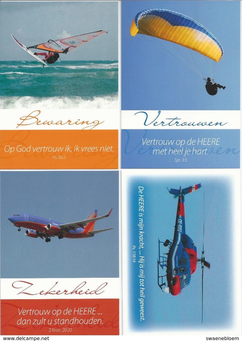 NL.- 4 Tekst Kaarten Van Evangelie Lectuur. Parasailen, Helikopter, Vliegtuig, Windsurfen. Nieuw. - Andere & Zonder Classificatie