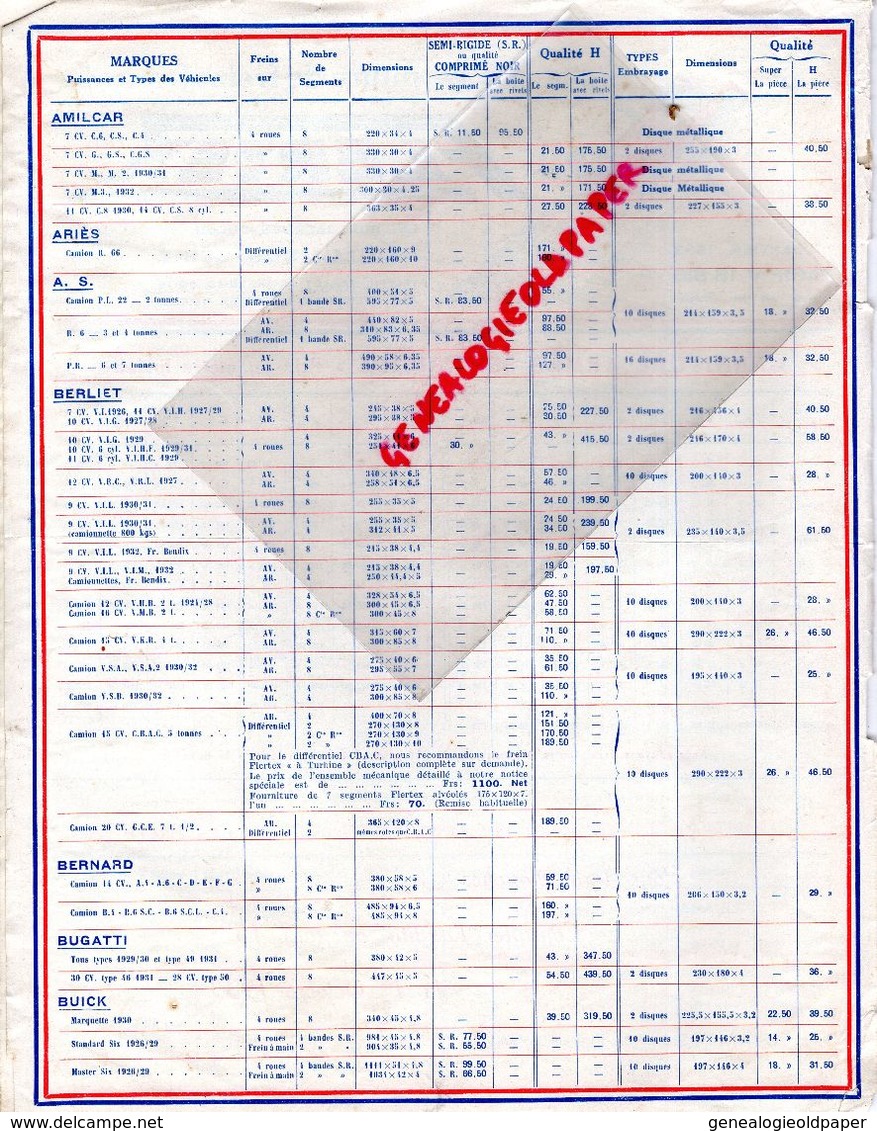 92- NEUILLY SUR SEINE- RARE CATALOGUE TARIFS FLERTEX-GARNITURES DE FREINS-1 JANVIER 1933- SALMSON-ROSENGART-STUDEBAKER- - Automobil