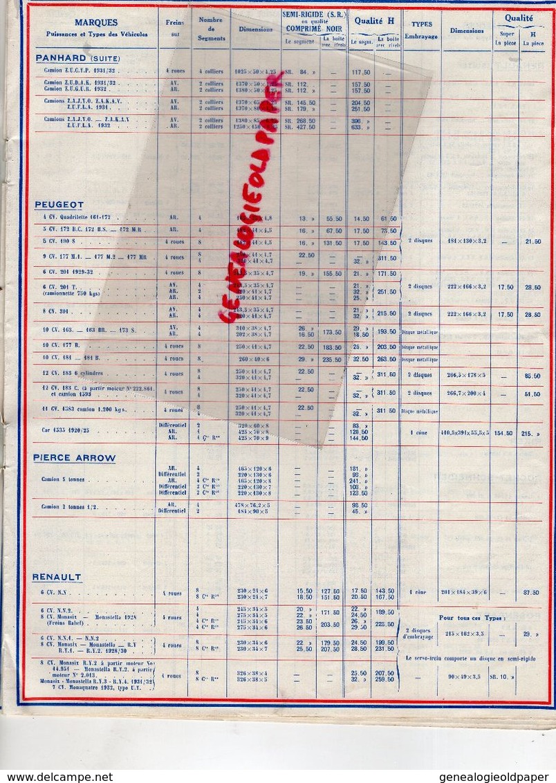 92- NEUILLY SUR SEINE- RARE CATALOGUE TARIFS FLERTEX-GARNITURES DE FREINS-1 JANVIER 1933- SALMSON-ROSENGART-STUDEBAKER-