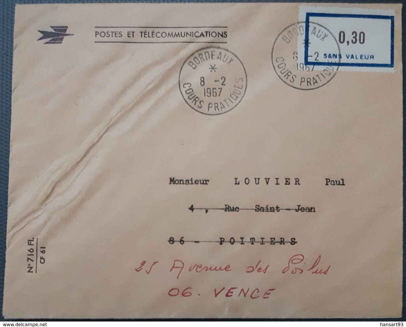 France Lettre Du Cours Pratique De Bordeaux, Cours D'instruction Ou Spécimen Avec Fictif N° F147 De 1967 + Variété. Rare - Fictifs