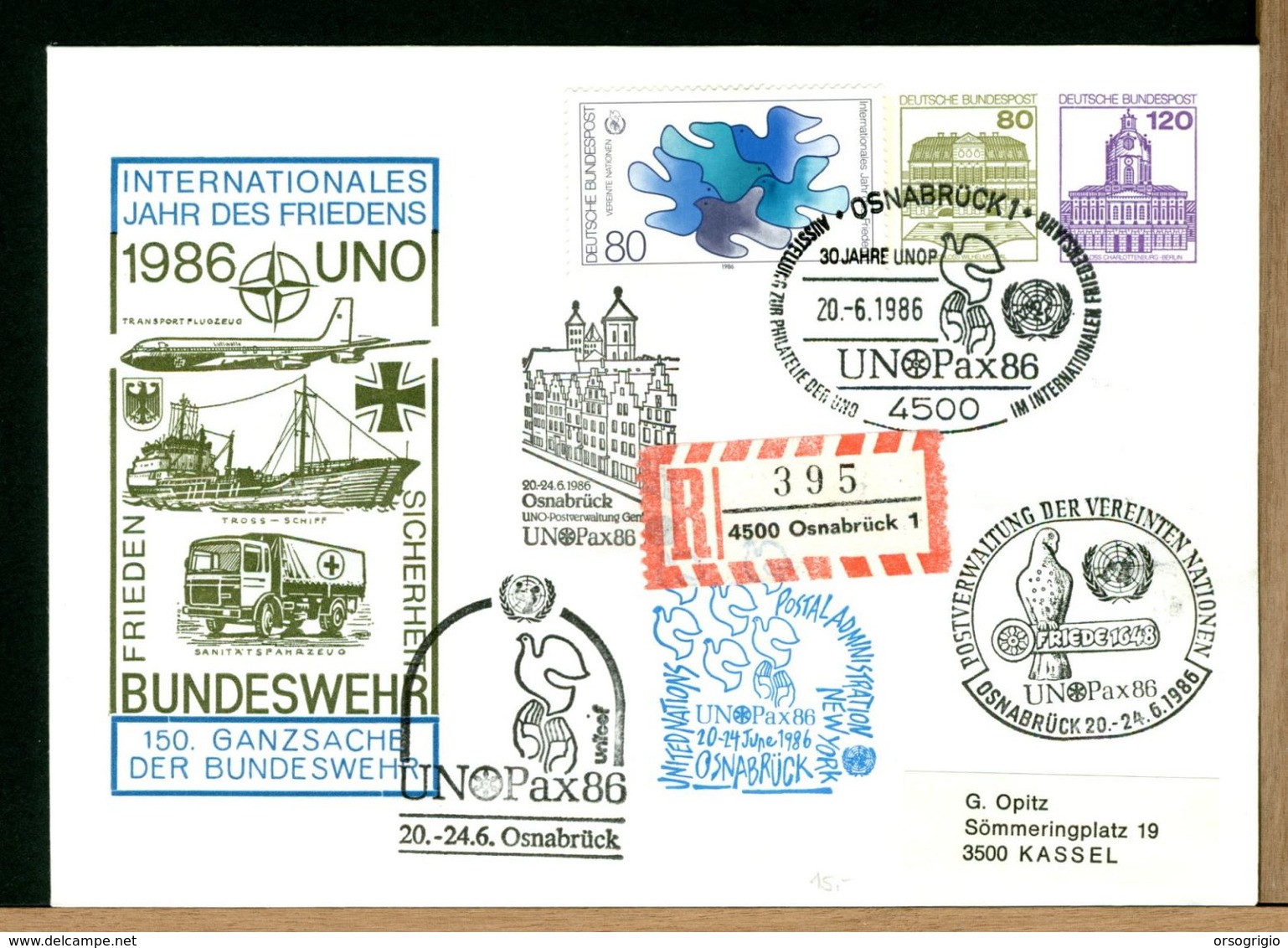 DEUTSCHE - GANZSACHEN - 1986  OSNABRUCK - UNO PAX - FRIEDE - UNOP - Private Covers - Mint