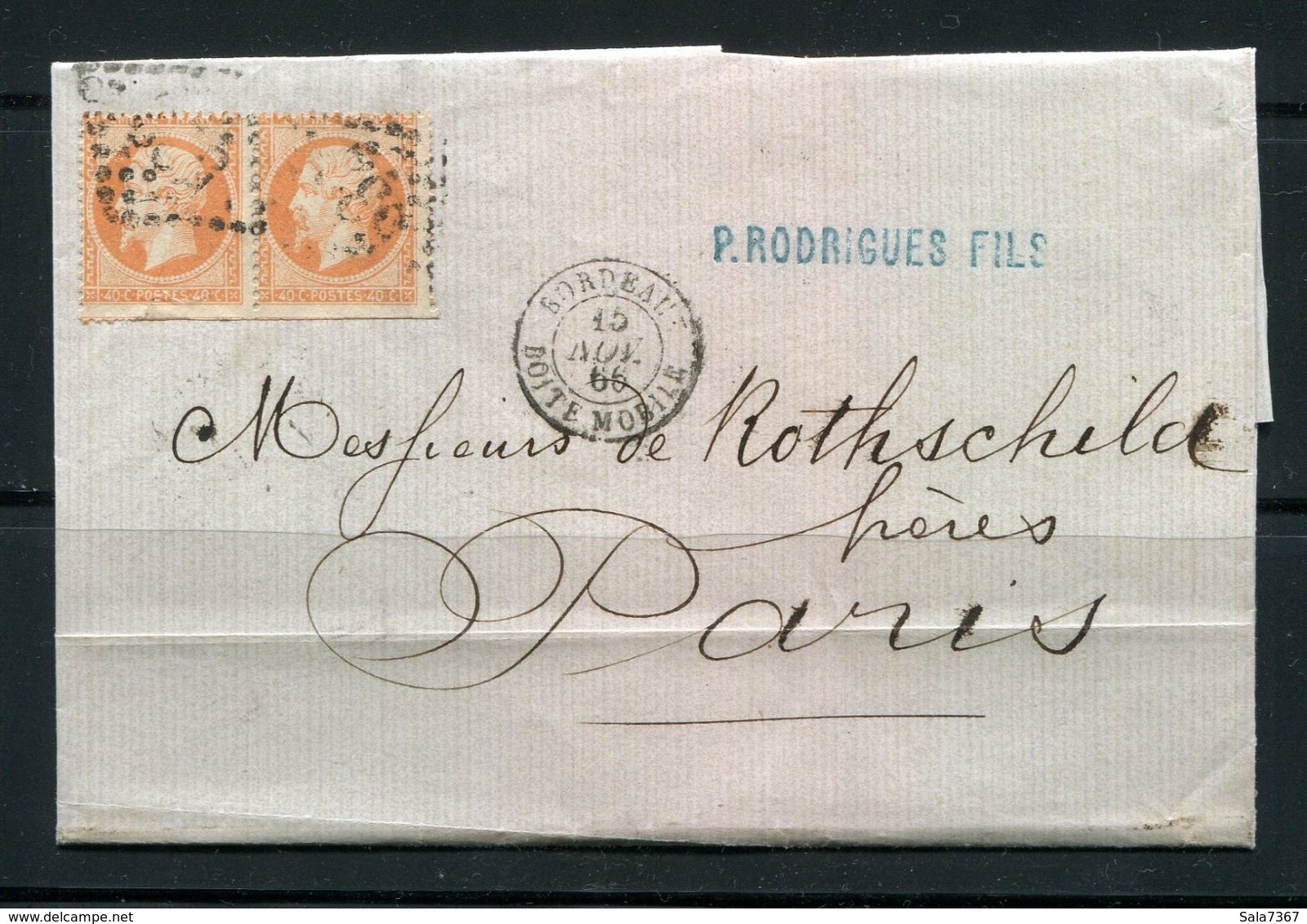 Lettre Du 15 Novembre 1866 De BORDEAUX 32 Avec Cachet "Boite Mobile"- Paire Y&T N°23- GC 532 (De Rothschild Frères) - 1849-1876: Période Classique