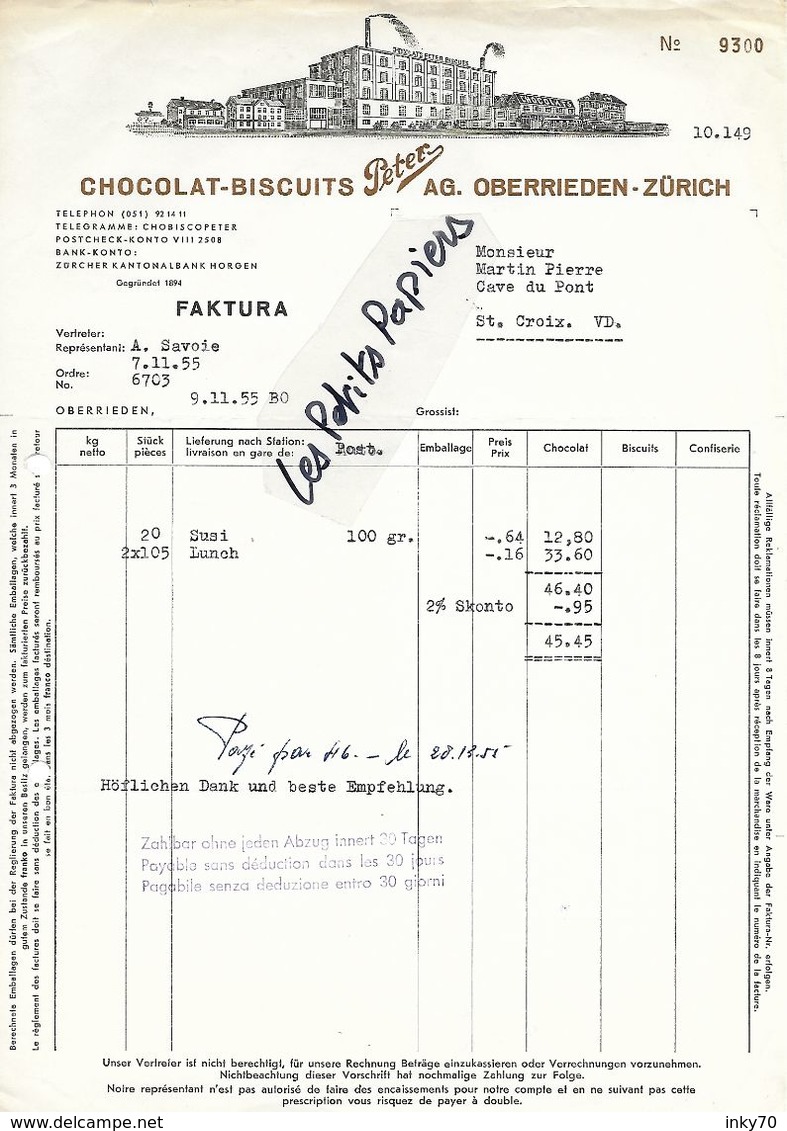 Suisse - ZURICH - Facture PETERS - Chocolat Et Biscuits - 1955 - REF 272C - Suisse