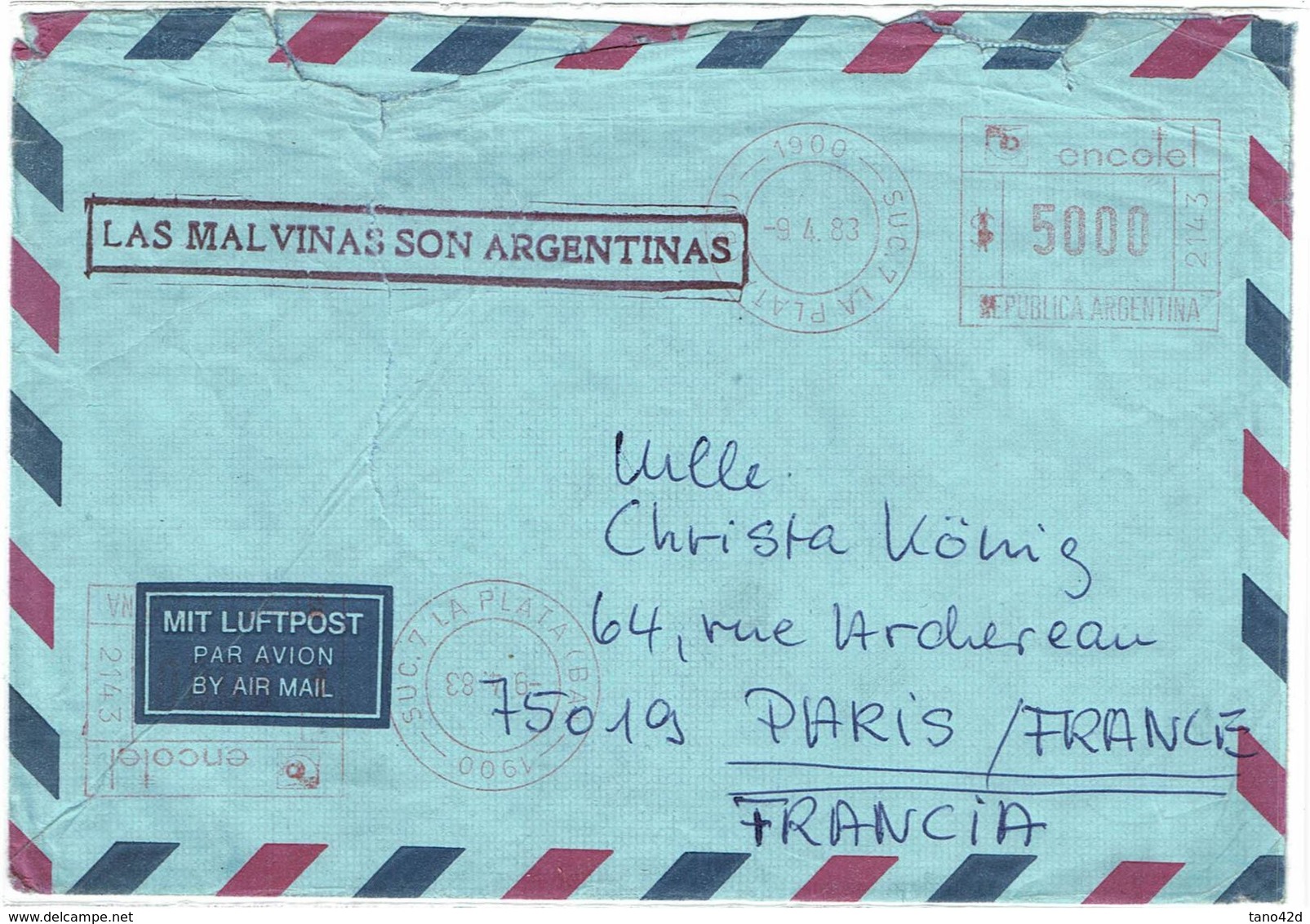 ARGENTINE - PROPAGANDE EN FAVEUR DES MALUINES ARGENTINES SUR LETTRE AVION AVRIL 1983 - Cartas & Documentos