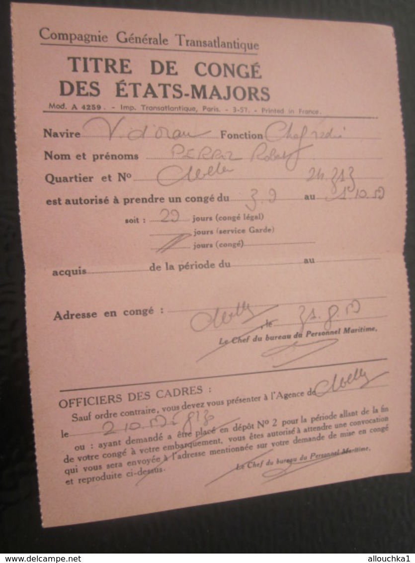 1959 OFFICIER RADIO S/S VILLE D'ORAN ALGÉRIE COMPAGNIE GÉNÉRALE TRANSATLANTIQUE ETAT MAJOR TITRE PERMISSION Signé-MARINE - Autres & Non Classés