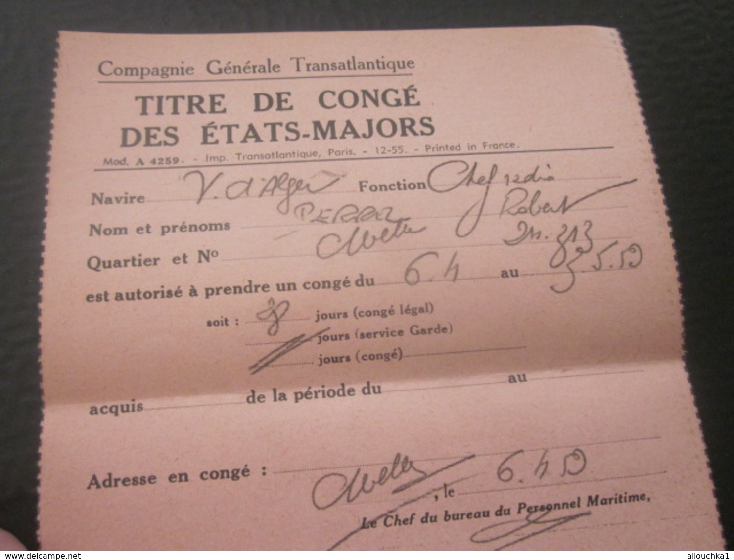 1959 OFFICIER RADIO S/S VILLE D'ORAN ALGÉRIE COMPAGNIE GÉNÉRALE TRANSATLANTIQUE ETAT MAJOR TITRE PERMISSION Signé-MARINE - Autres & Non Classés