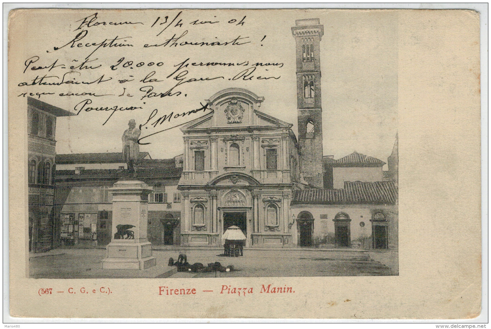 C.P  PICCOLA    FIRENZE   PIAZZA  MANIN    1904    2  SCAN  (VIAGGIATA) - Firenze (Florence)