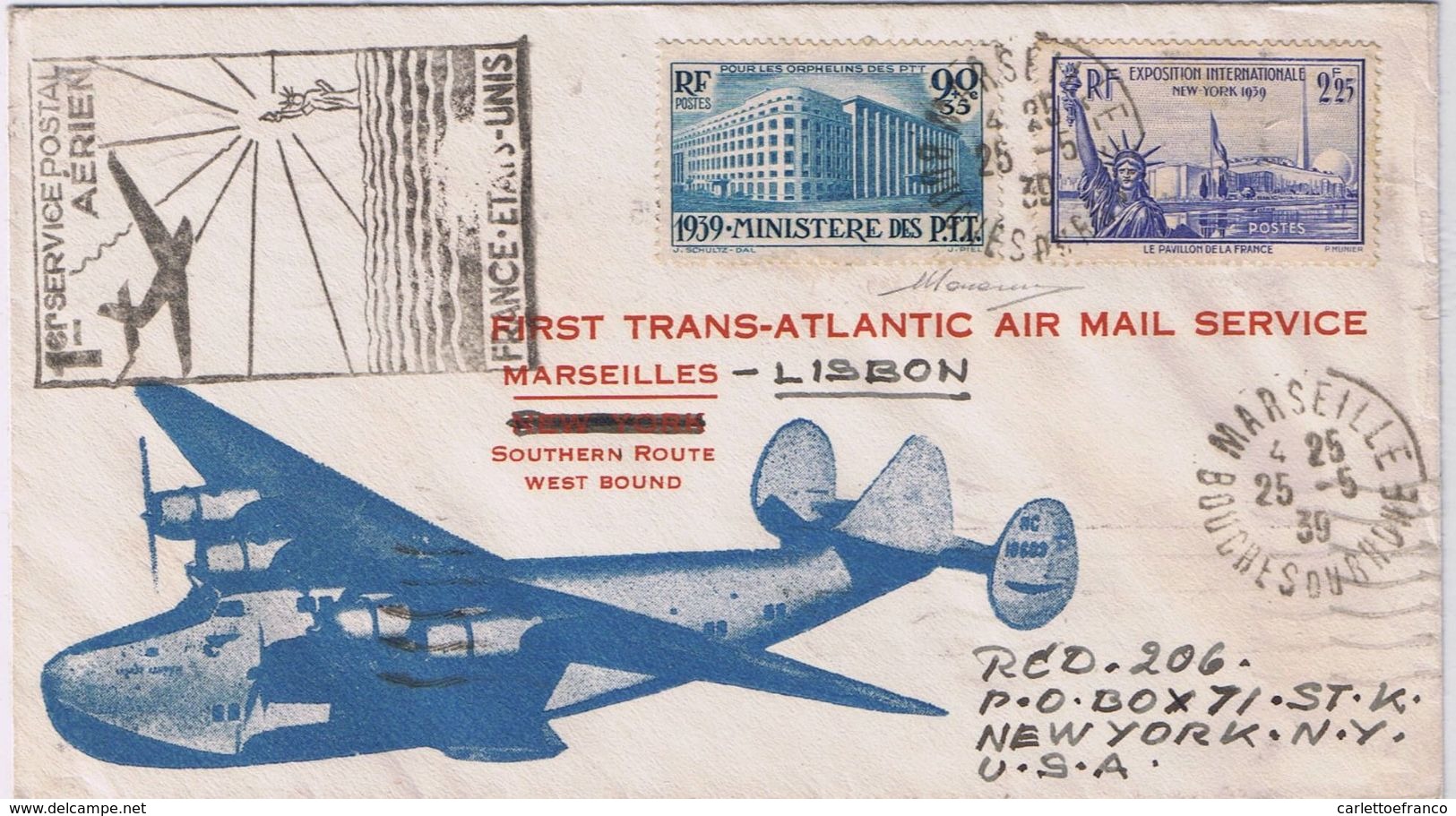 Busta Primo Servizio Postale Aereo Francia-USA Utilizzata Con Volo Marseilles - Lisbon Viaggiata 5/1939 - Storia Postale