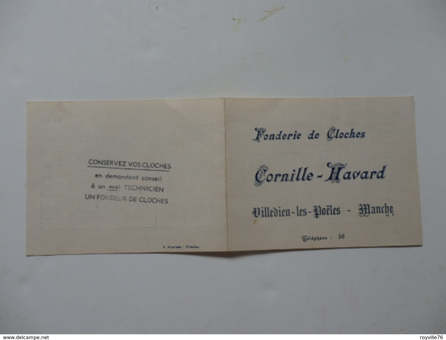 Carte Des Poids-diamètre-tonalité Des Fonderie De Cloches Cornille-Havard à Villedieu-les-Poeles (50). - Werbung