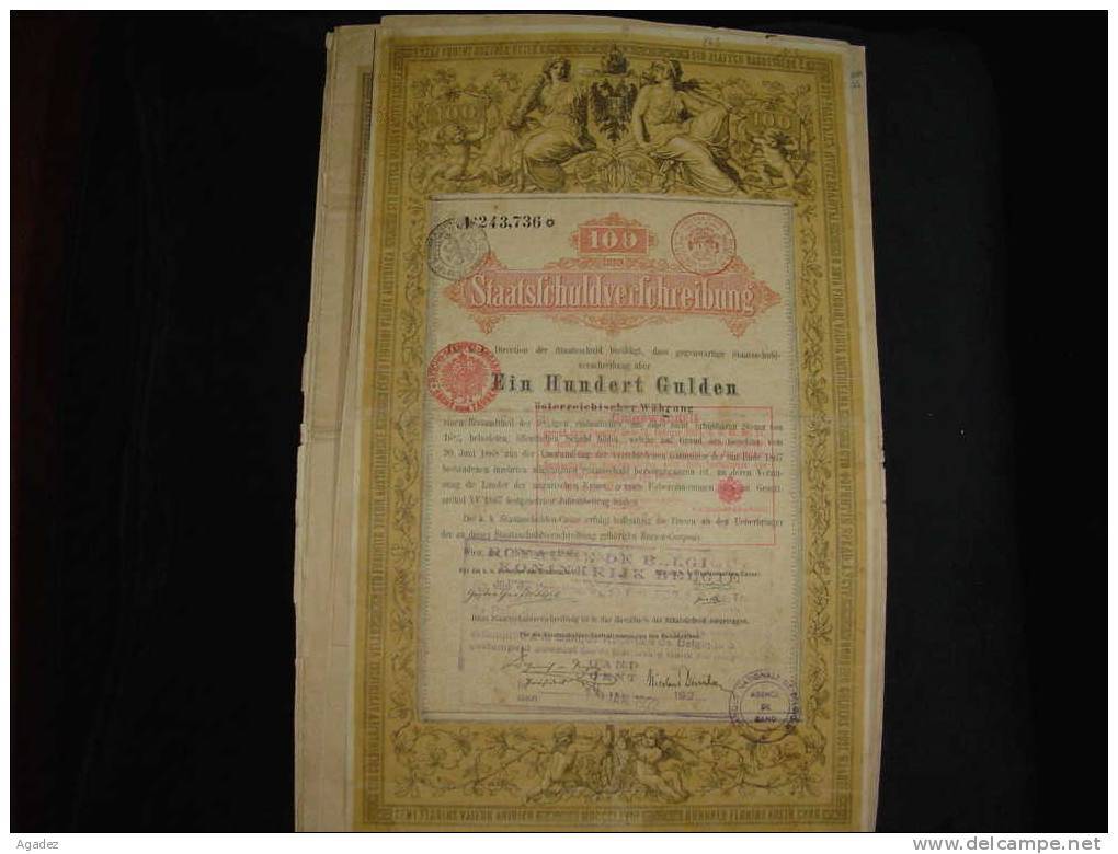 Obligation De La Dette Publique  De 100 Florins Autrichiens Vienne 1868 Wien Staatsschuldverschreibung N°102584 - Banque & Assurance