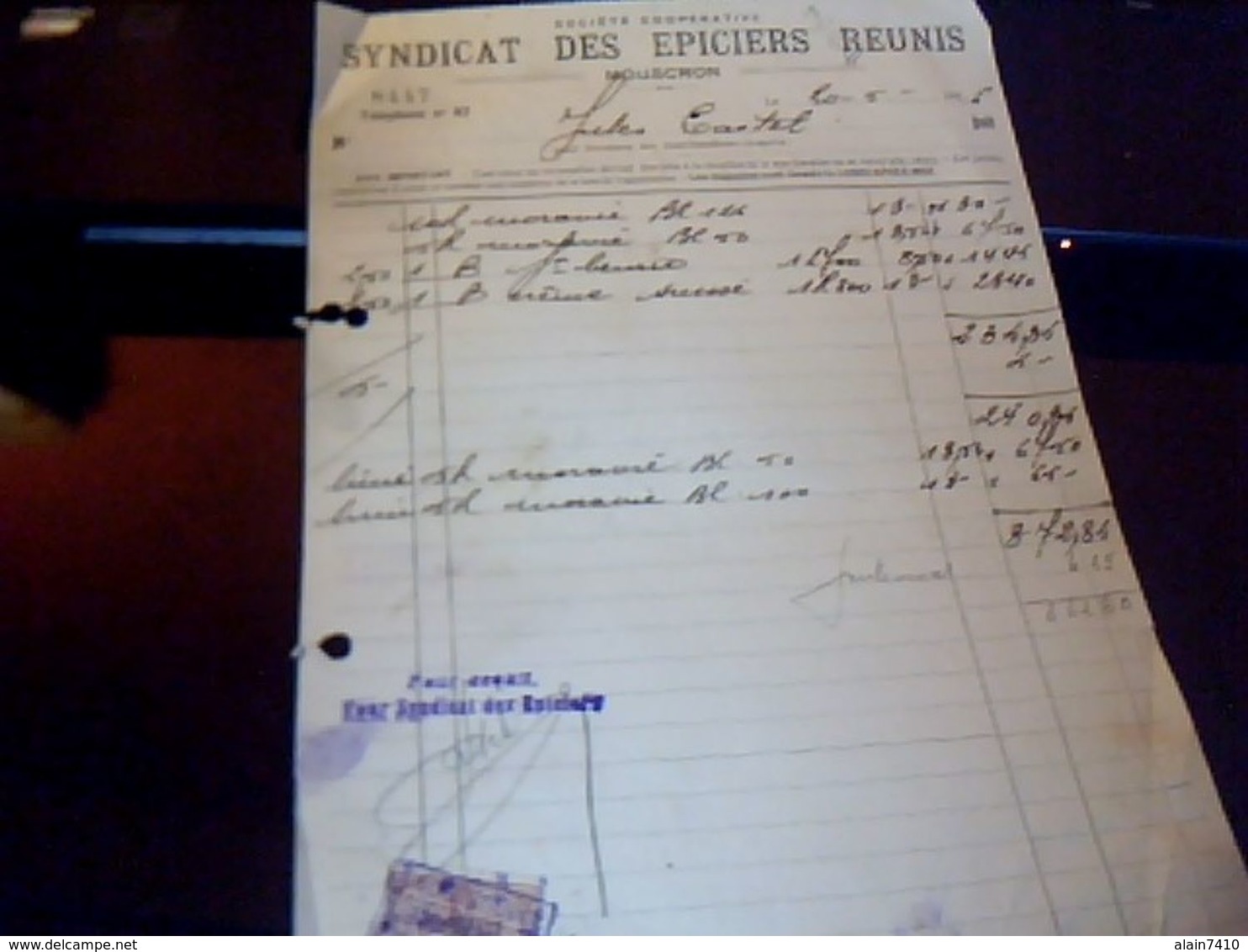 Facture Syndicat  Des Epiciers Reunis  A Mouscron Belgique Annee 1926  Avec Fiscal - Food