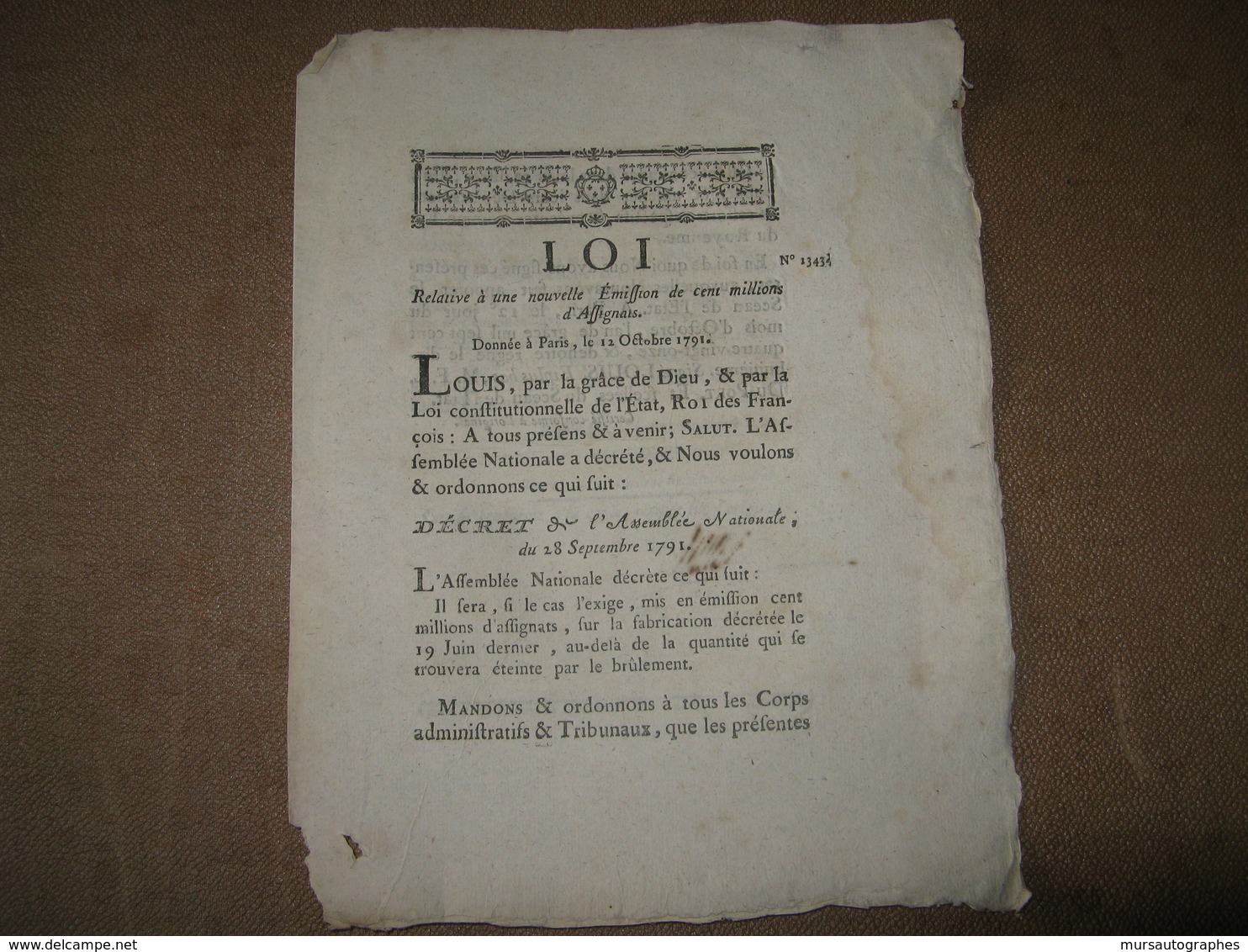 LOI RELATIVE EMISSION DES ASSIGNATS 100 MILLIONS 1791 HISTOIRE ECONOMIE REVOLUTION CAEN - ...-1889 Anciens Francs Circulés Au XIXème