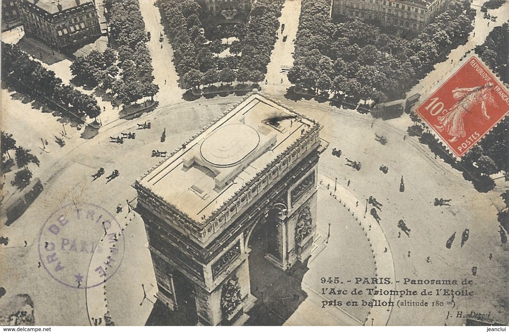 945. PARIS . PANORAMA DE L'ARC DE TRIOMPHE DE L'ETOILE PRIS EN BALLON ** Alt 180m --AFFR LE 5-6-1911 SUR RECTO - Arc De Triomphe