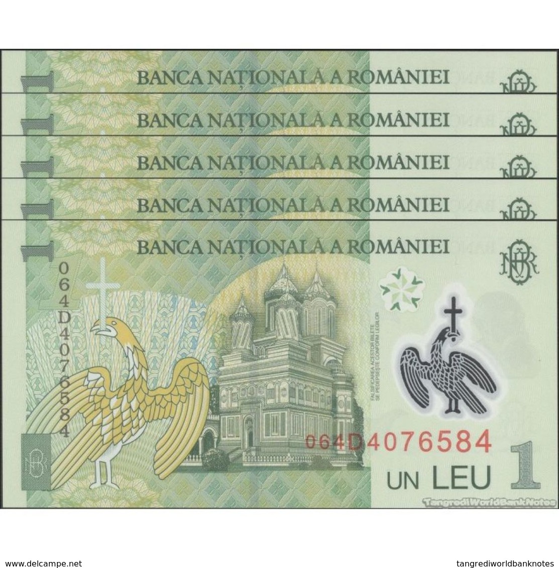 TWN - ROMANIA 117b - 1 Lei 1.7.2005 (2006) DEALERS LOT X 5 - Polymer - Prefix 4D UNC - Rumania