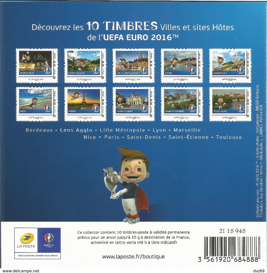 Triptyque EURO 2016, 10 Timbres Autocollants, Villes Et Sites Hôtes De L'UEFA EURO 2016, Parfait. - Collectors