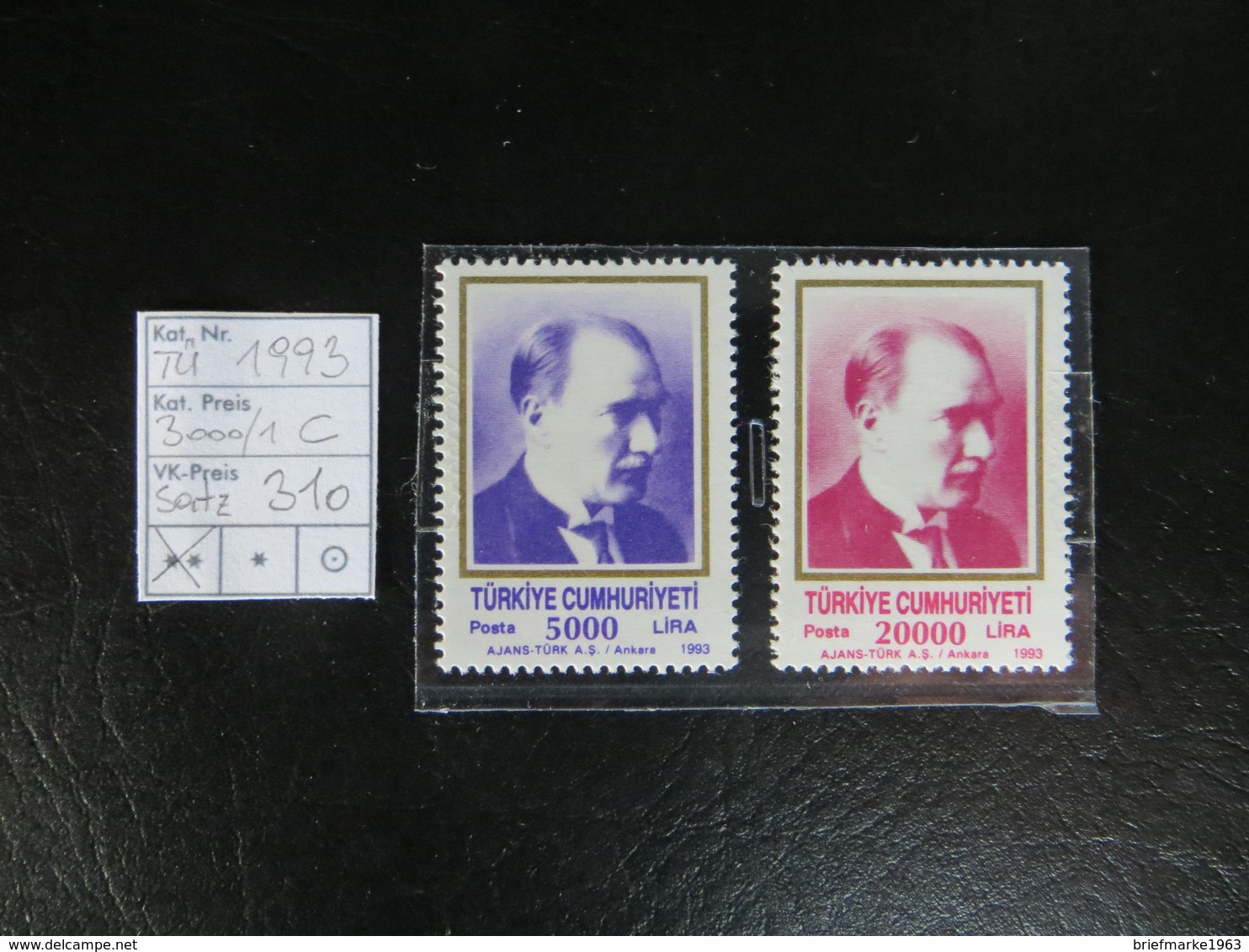 1993  " Freimarke Atatürk "  5000 + 20000 Lira,  Tadellos Postfrisch,  LOT 310 - Ungebraucht