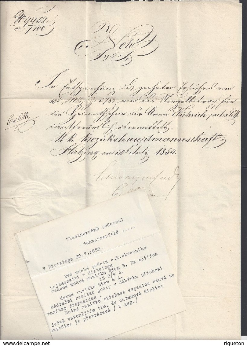 AUTRICHE - Lettre De Hietzingu Du 30 Juillet 1853 Pour Freivaldau - B/TB - - ...-1850 Préphilatélie