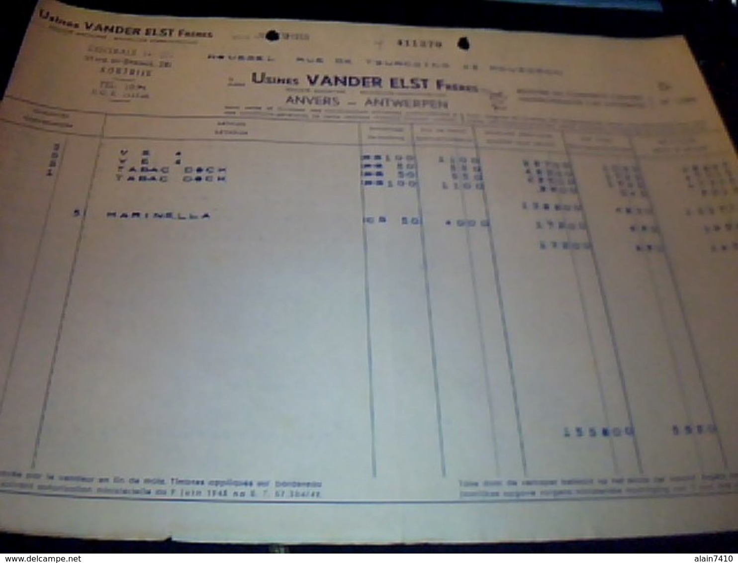 Facture Manufacture  Tabac Usines Vander Elst A Anvers Pays Bas Annee 50 - Netherlands