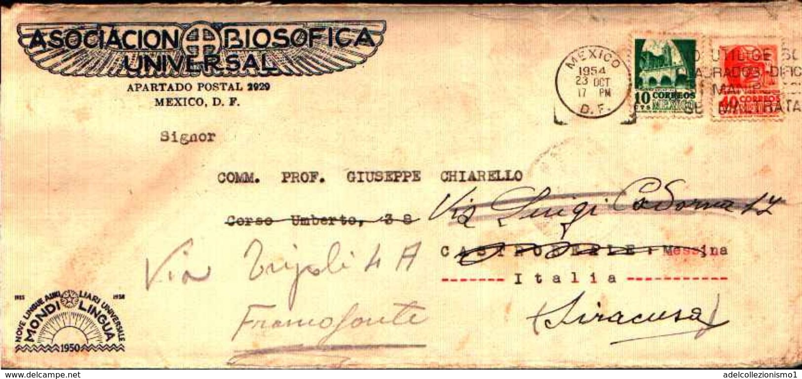 87129) Messico-lettera Con 10c,mordes +40c.talasco Archeologia Da Mexico City A Francofonte 1954 -mittente Interessante - Mexique