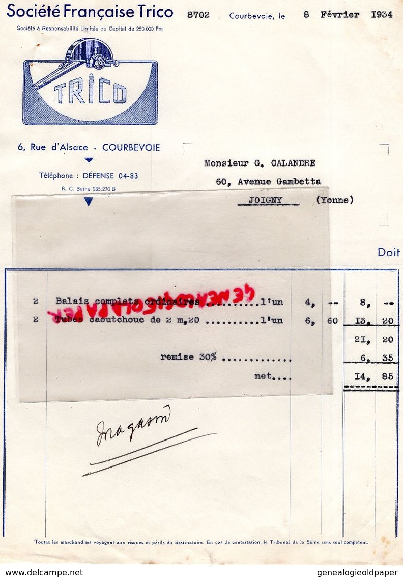 92- COURBEVOIE -RARE FACTURE 1934 STE FRANCAISE TRICO- BALAIS ESSUIES GLACE POUR GARAGISTE GARAGE AUTOMOBILE - Cars