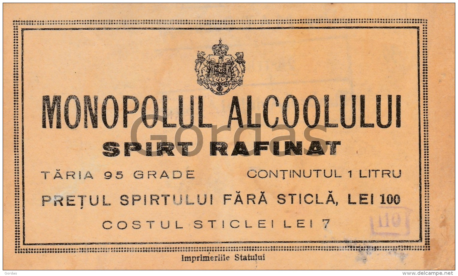 Romania - Monopolul Alcoolului - Spirt Rafinat - 1940 - Eticheta - Reclama - 130x75mm - Roumanie