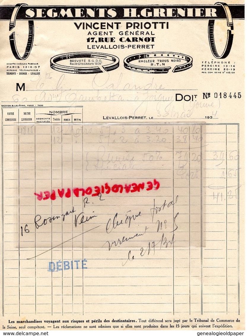 92- LEVALLOIS PERRET- RARE FACTURE VINCENT PRIOTTI-SEGMENTS H. GRENIER- AUTO AUTOMOBILE-17 RUE CARNOT-1934 - Automobil