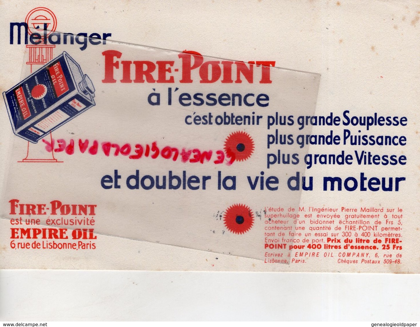 75- PARIS- RARE BUVARD FIRE POINT A L' ESSENCE- MOTEUR AUTO AUTOMOBILE-EMPIRE OIL COMPANY - 6 RUE LISBONNE - Hydrocarbures