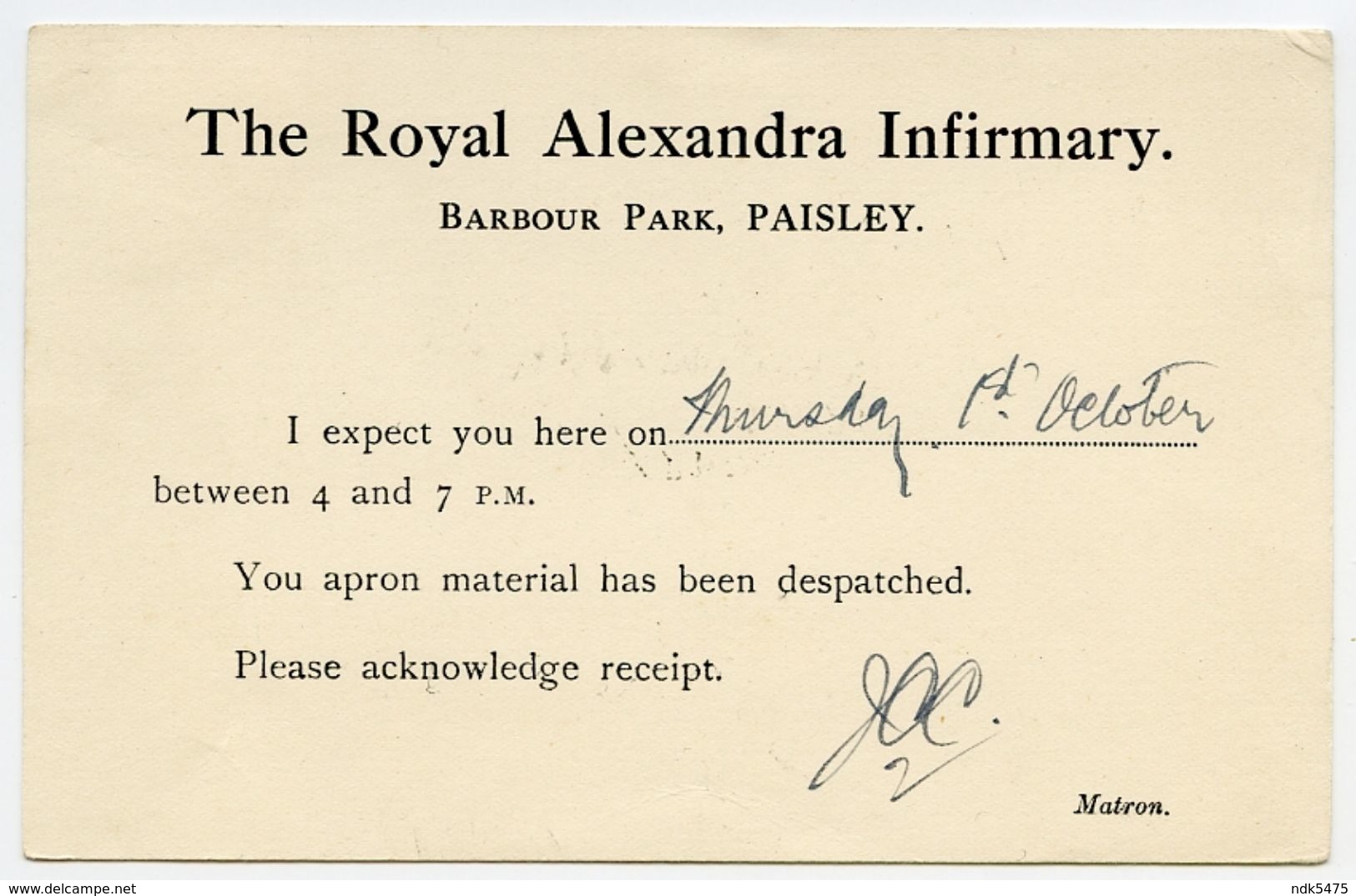 PAISLEY : THE ROYAL ALEXANDRA INFIRMARY, BARBOUR PARK - MATRON'S CARD / ADDRESS - BEARSDEN, STEWART TERRACE (McKINLAY) - Renfrewshire