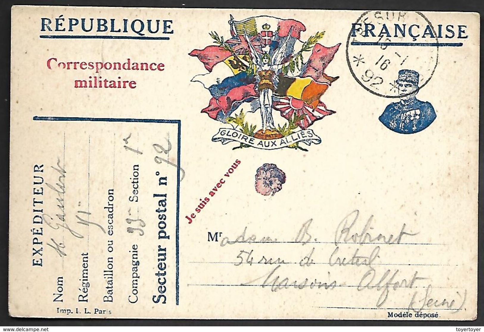 CM 99  Correspondance Militaire 16-01-16 Cachet Trésor Et Postes Simple Cercle N°(SP)92 Commandement D'Etapes De La 6ème - Guerre De 1914-18