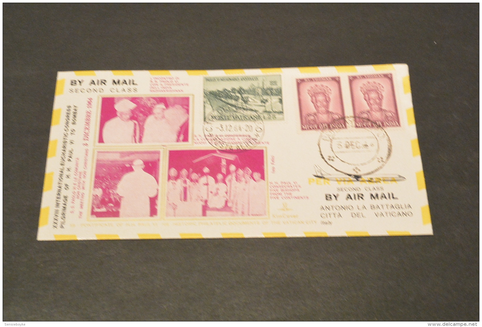 PJ1915- Vatican -  India-  Kimcover 1964-  Air Mail- S.S. Paolo -int. Eucharistic Congress Bombay -  108  Historic Doc. - Popes