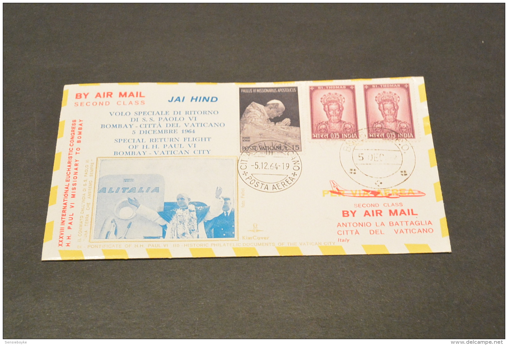 PJ1916- Vatican -India-  Kimcover 1964-  Air Mail- S.S. Paolo - Special Return Flight  Bombay Vati-  110  Historic Doc. - Popes