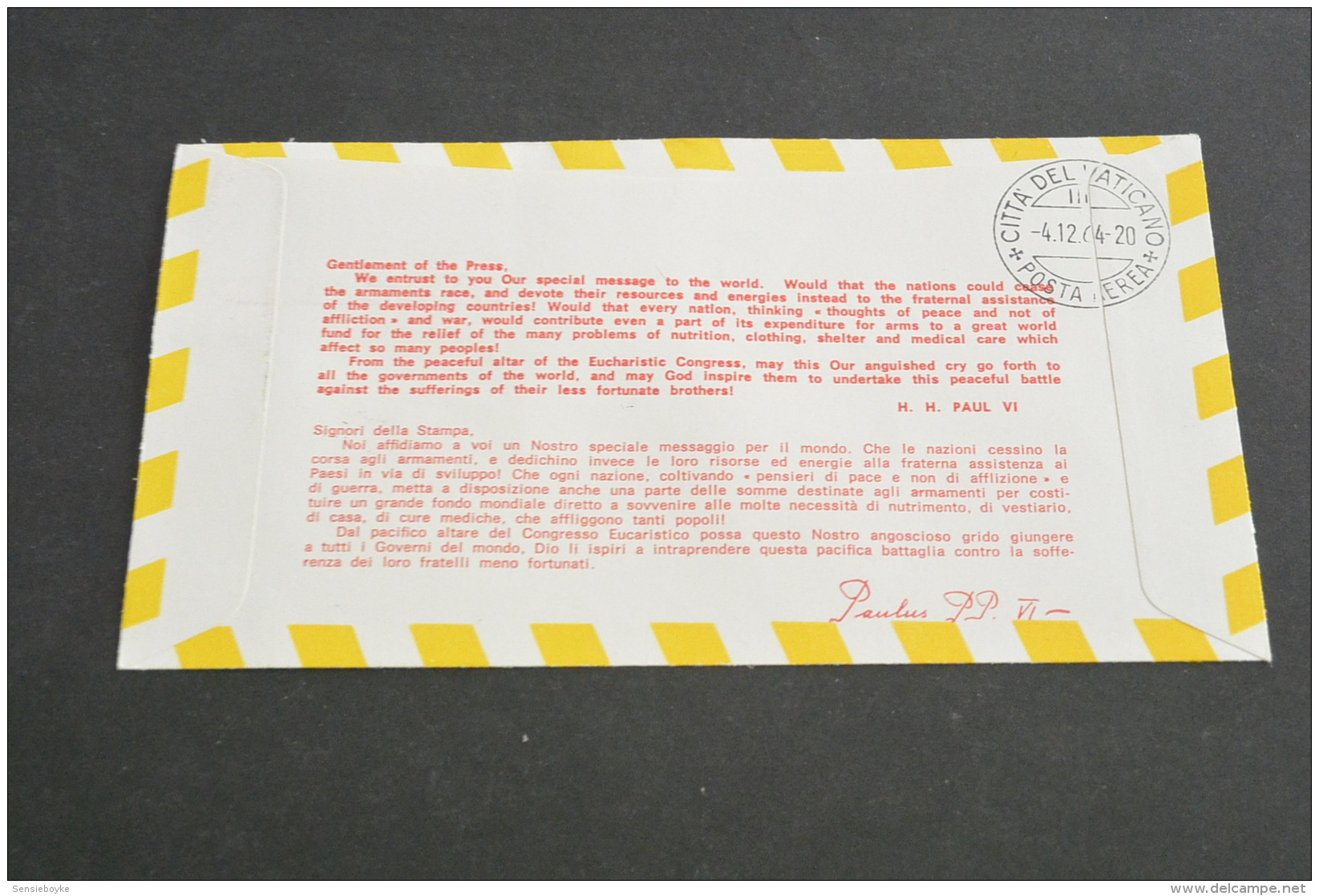 PJ1917 Vatican -India-  Kimcover 1964-  Air Mail- S.S. Paolo - Special Message To The World Bombay- 110  Historic Doc. - Popes