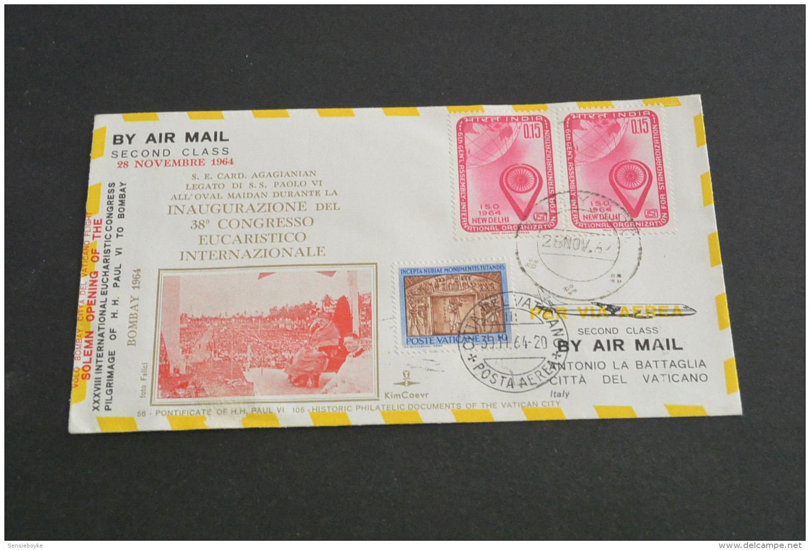 PJ1921- Vatican -India  - Kimcover 1964-  Air Mail- S.S. Paolo - Congresso Eucaristico Int.  - 105  Historic Doc. - Popes