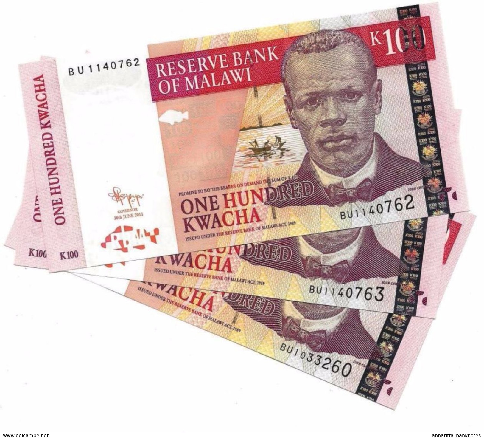 MALAWI 100 KWACHA 2011 P-54e UNC 3 PCS [MW145f] - Malawi