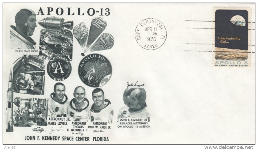 Apollo 13 Cover, Lovell Haise Swigert Replaces Mattingly  Astronauts, Cape Canaveral FL 11 April 1970 Postmark - América Del Norte