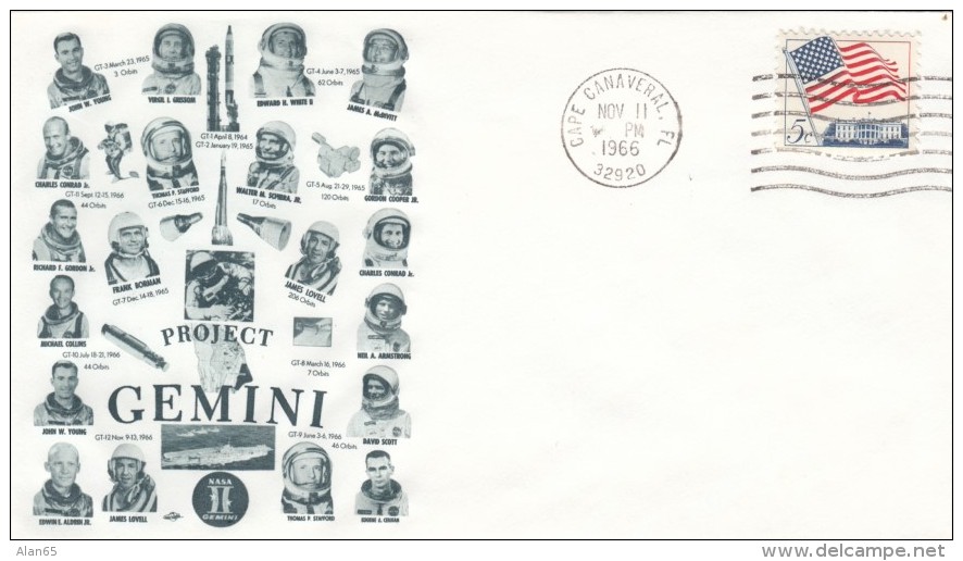 Gemini Program Cover, 20 Astronauts Pictured, Various Rockets Capsules Cape Canaveral FL 11 November 1966 Postmark - North  America