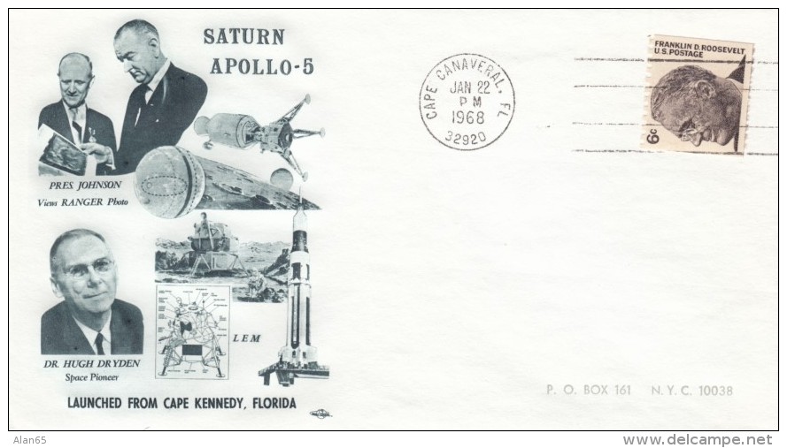 Apollo 5 Lunar Mission Cover, President Johnson, Dr. Dryden, Cape Canaveral FL 22 January 1968 Postmark - North  America