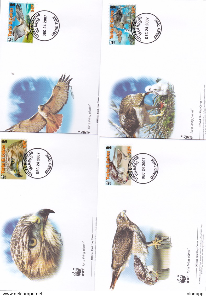 World Wide Fund For Nature 2007 Turks & Caicos,Red Tailed Hawk, Set 4 Official First Day Covers - FDC