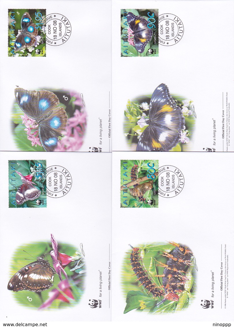 World Wide Fund For Nature 2008 Aiututaki,Butterflies, Set 4 Official First Day Covers - FDC