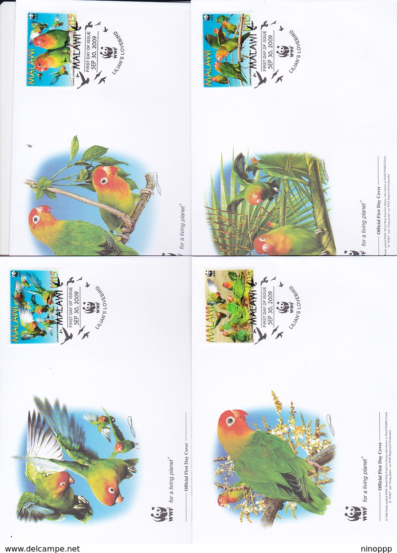 World Wide Fund For Nature 2009 Malawi,Lilian's Lovebird, Set 4 Official First Day Covers - FDC