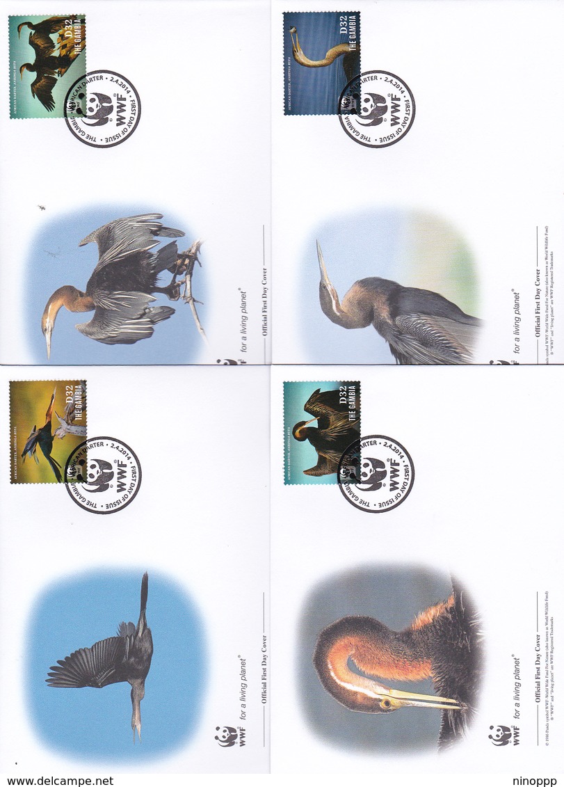 World Wide Fund For Nature 2014 The Gambia,African Darter, Set 4 Official First Day Covers - FDC