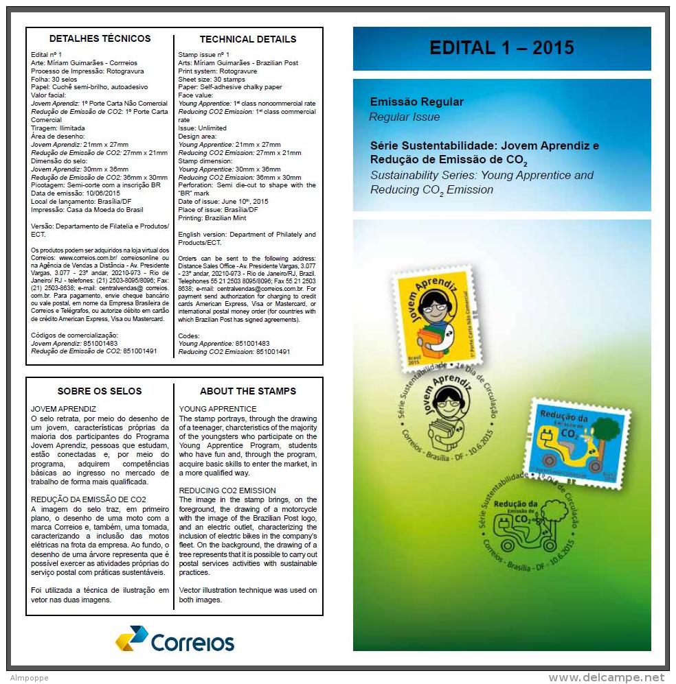 Ref. BR-3308-09+B BRAZIL 2015 ENVIRONMENT, SUSTAINABILITY ISSUE,, APPRENTICE & REDUCTION OF CO2, MNH+BROCHURE 2V Sc# 3 - Nuevos