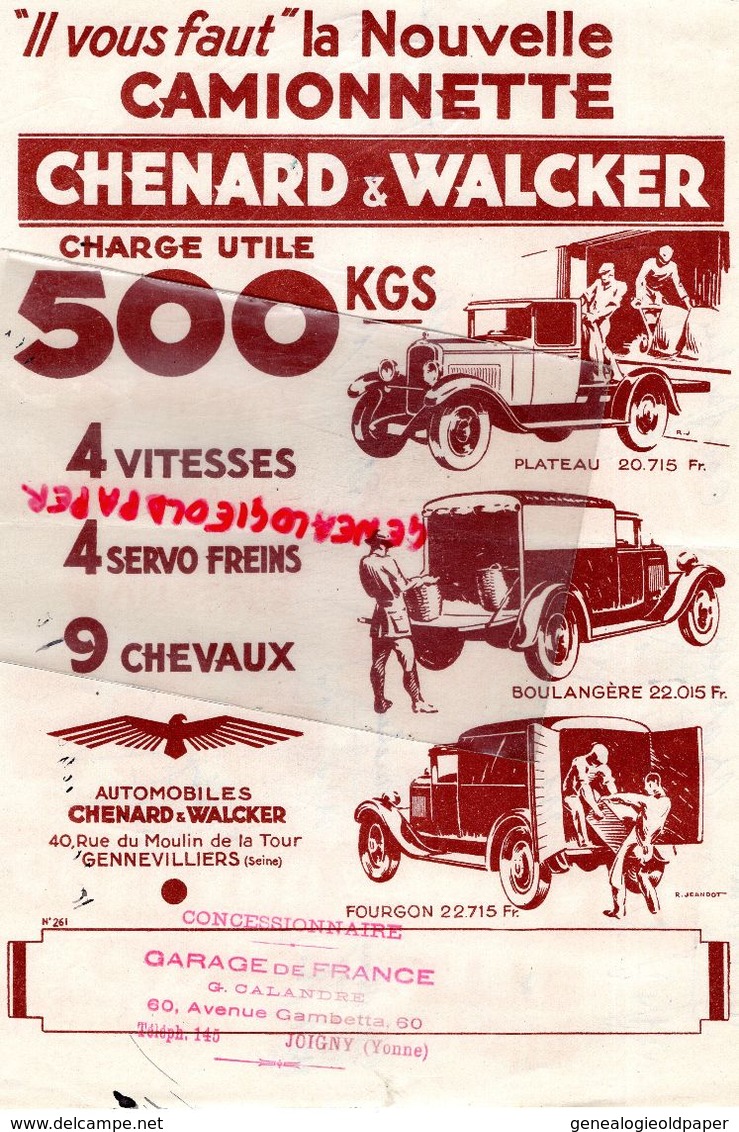 92- GENNEVILLIERS-89- JOIGNY- RARE PUBLICITE CAMIONNETTE CHENARD WALCKER- 500 KGS-GARAGE DE FRANCE G. CALANDRE-JEANDOT - Cars