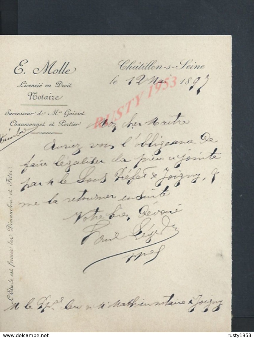 LETTRE DE 1897 E MOLLE NOTAIRE À CHATILLON SUR SEINE : - Manuscrits