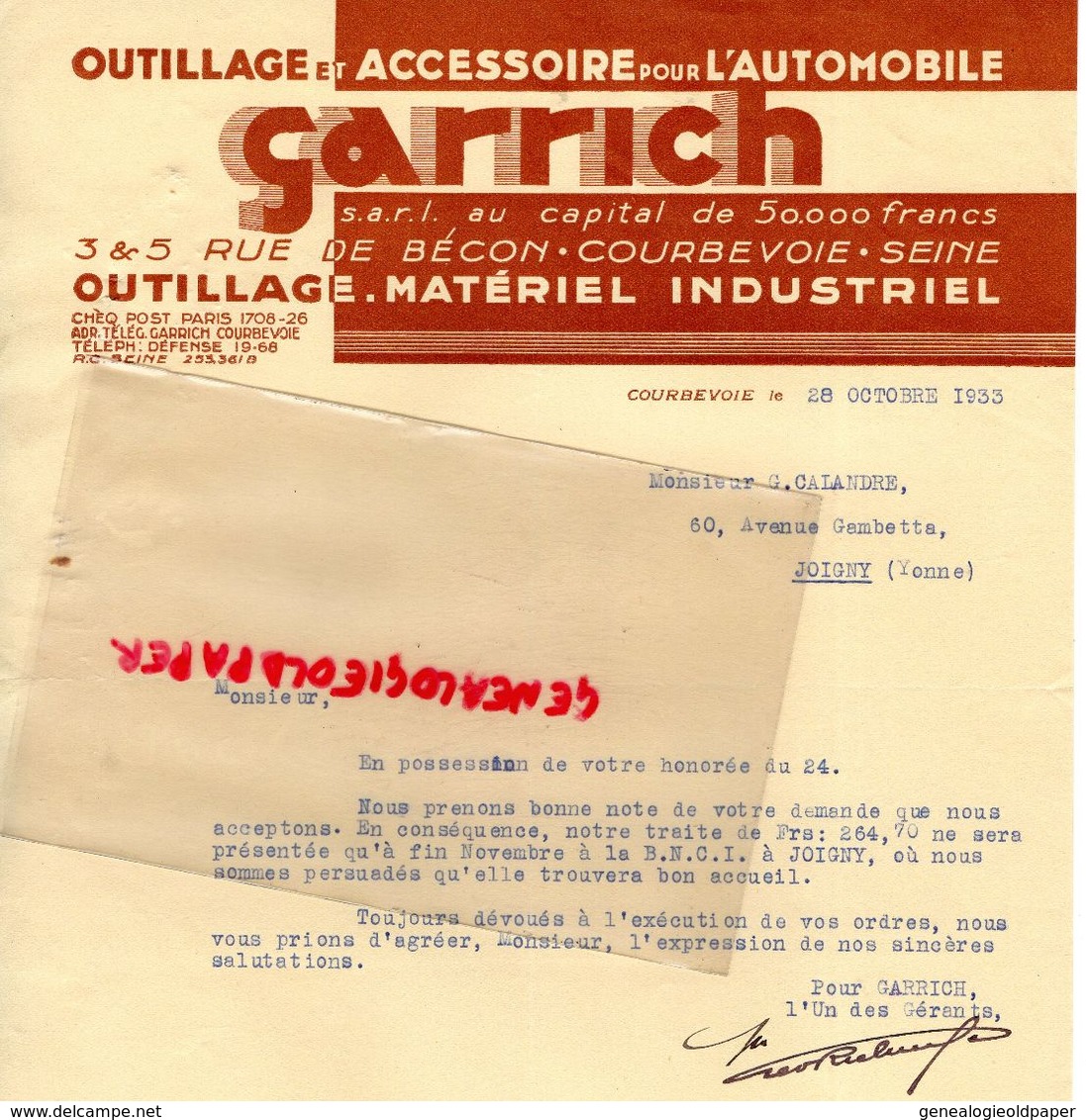 92- COURBEVOIE- LETTRE GARRICH- OUTILLAGE ACCESSOIRE AUTOMOBILE-3 RUE DE BECON- 1933  AUTO - Cars