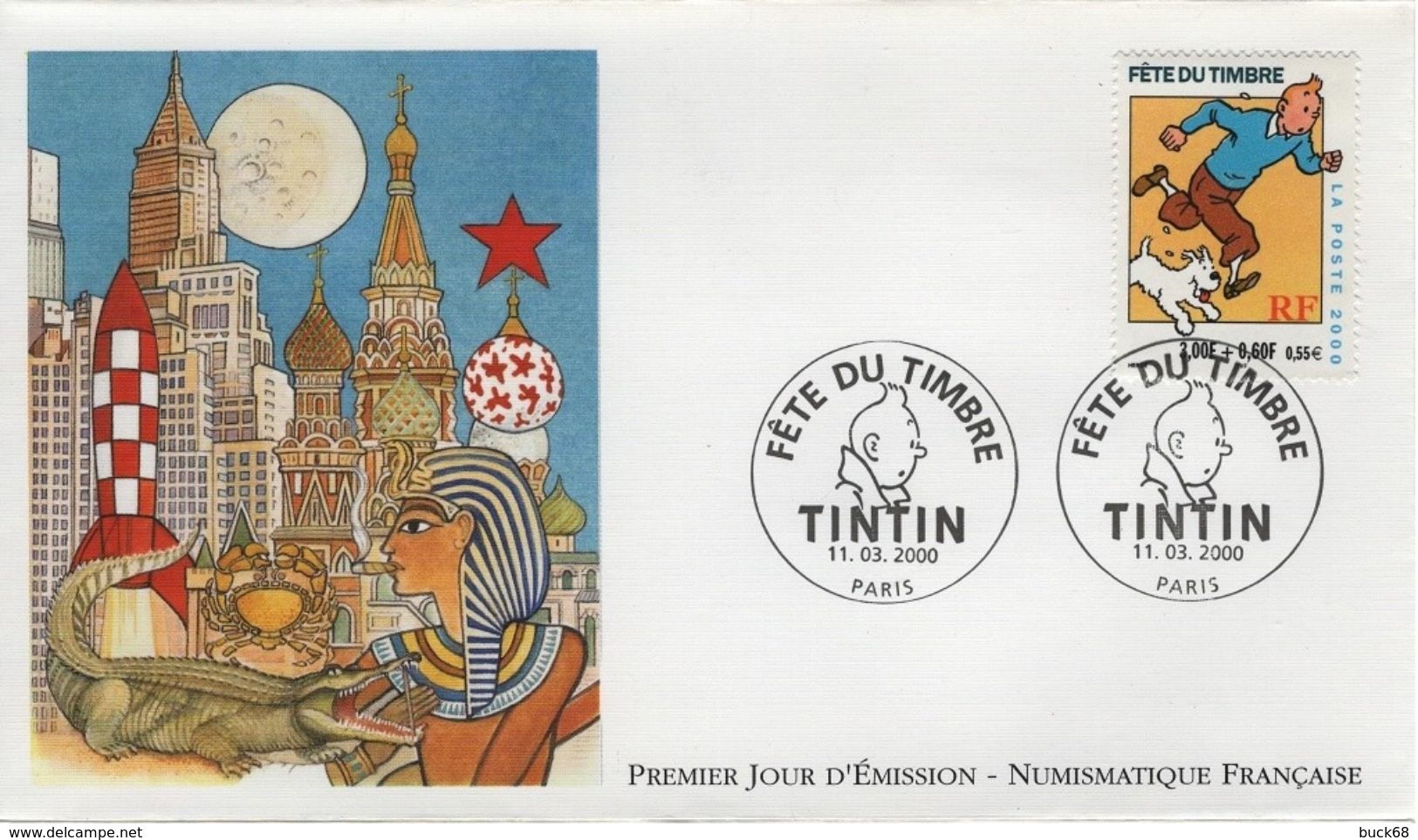 FRANCE 3303 FDC Premier Jour Fête Du Timbre 2000 Paris Fusée Pharaon TINTIN HERGE KUIFJE BEDE COMICS STRIP - Comics