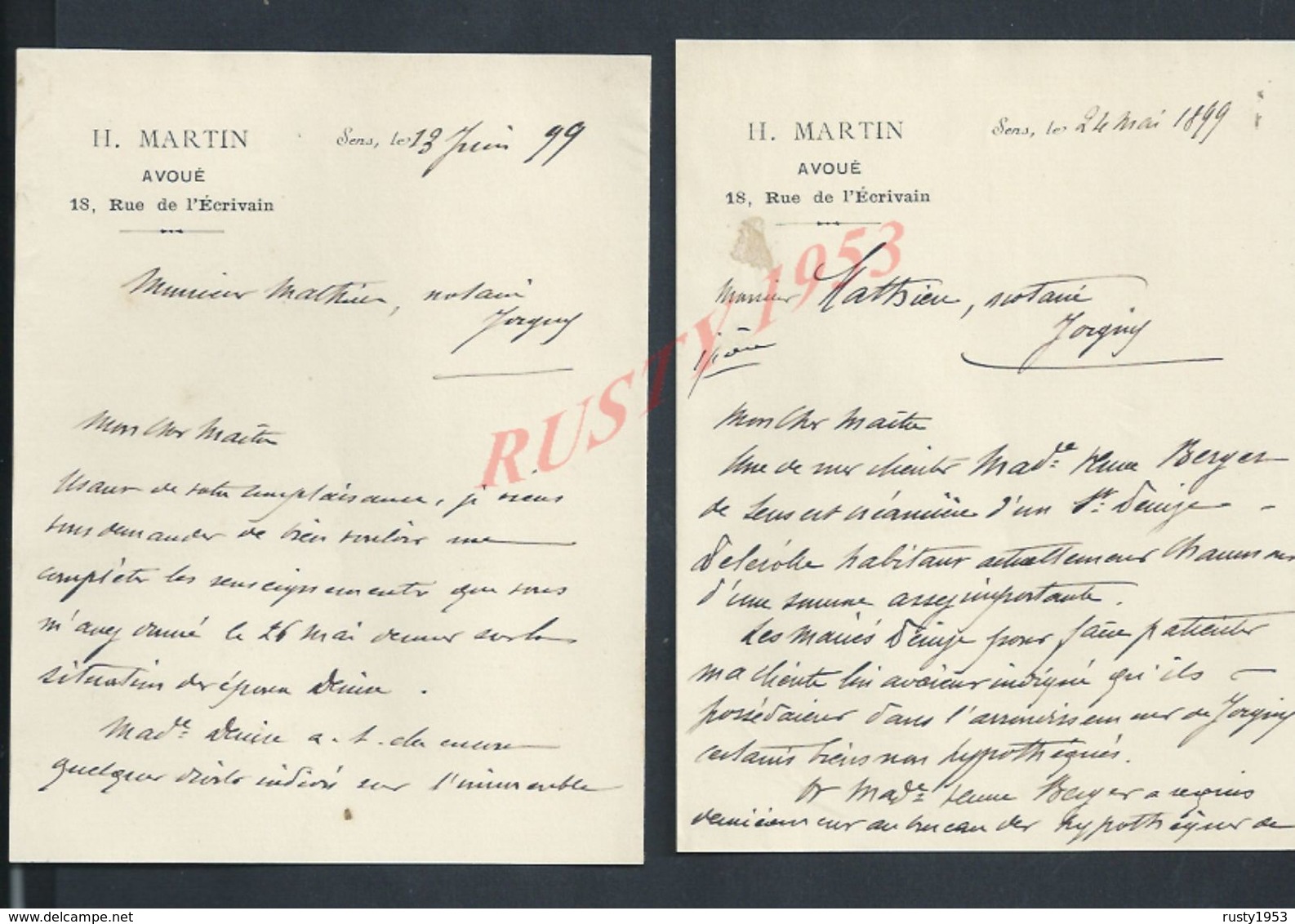 LETTRES DE 1899 H MARTIN AVOUÉ À SENS RUE DE L ECRIVAIN : - Manuscripts