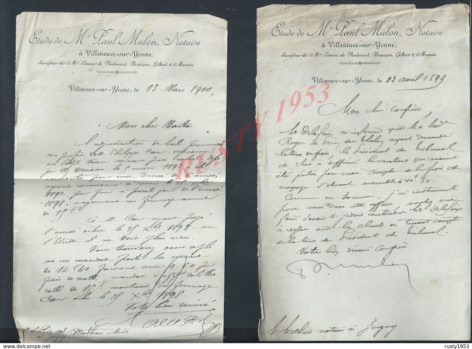 LETTRES DE 1899 ECT PAUL MULON NOTAIRE À VILLENEUVE SUR YONNE : - Manuscrits