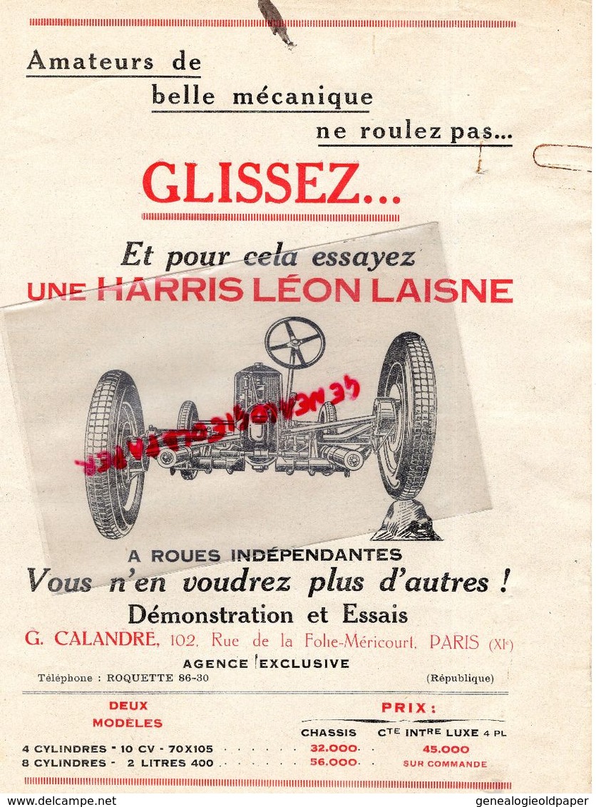 75- PARIS-RARE PUBLICITE  HARRIS LEON LAISNE-102 RUE FOLIE MERICOURT-G. CALANDRE - AUTO AUTOMOBILE - Werbung