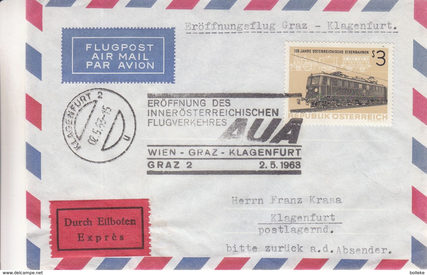 Autriche - Lettre Exprès De 1963 - Oblit Wien - Vol Spécial Wien Graz Klagen - Trainsfurt - Covers & Documents